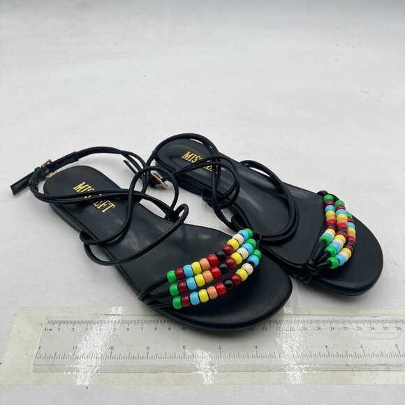 miss left Black Beaded Flat Ankle Strap Open Toe Slide Sandals Lace up Sandals - Picture 4 of 8